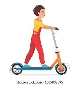 Boy riding electric scooter flat vector illustration. Ccartoon character on eco friendly urban vehicle. Kid using modern personal transporter. Teenager on kickboard isolated on white background