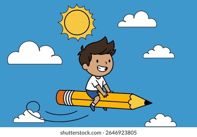 Boy Riding Flying Pencil - Creative Learning Concept. Vector Illustration