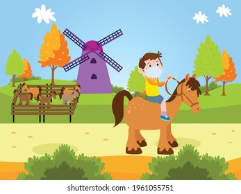 Boy riding a horse cartoon 2d vector concept for banner, website, illustration, landing page, flyer, etc.