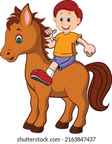 A boy riding a horse cartoon vector art and illustration
