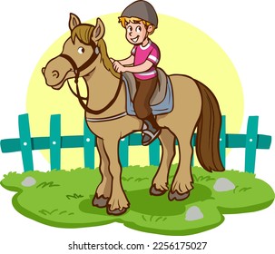 boy riding horse cartoon vector