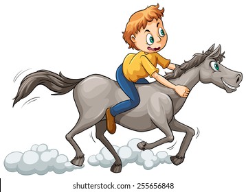 Boy riding a horse on a white background