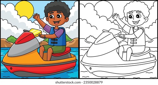 Boy Riding a Jet Ski Summer Coloring Illustration