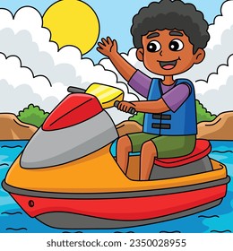 Boy Riding a Jet Ski Summer Colored Cartoon 