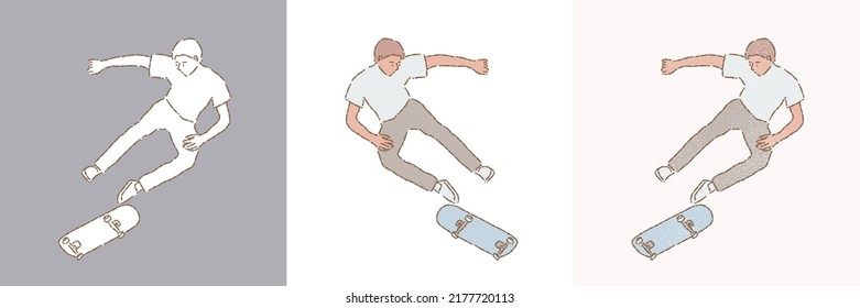 Boy riding and jumping on a skateboard. Skateboarder doing a jumping. Go Skateboarding day. Set of different styles hand drawn flat vector illustration isolated on colored background.