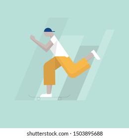 Boy riding long board. Flat vector illustration of skates