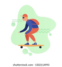 Boy riding longboard. Flat vector illustration.