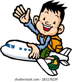 Boy riding on an airplane