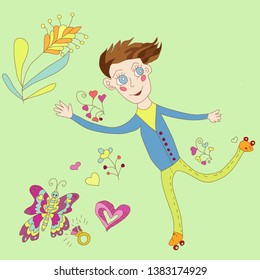 boy riding on roller skates, background with flowers and butterfly