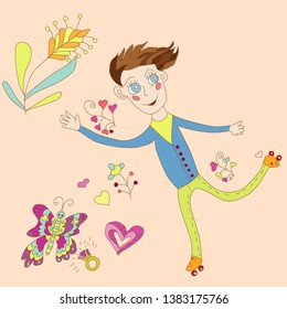 boy riding on roller skates, beige background with flowers and butterfly