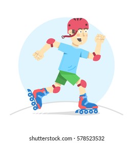 boy riding on roller skates, vector illustration