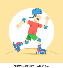 boy riding on roller skates, vector illustration