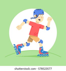 boy riding on roller skates, vector illustration