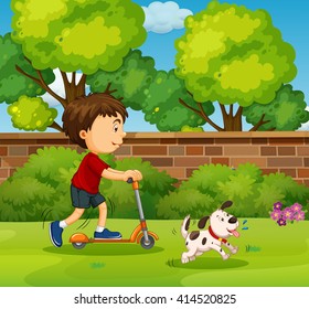 Niño montando una moto en la ilustración del patio