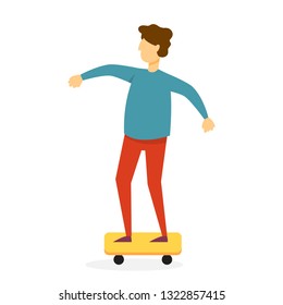 Boy riding on skateboard. Happy skater having fun. Teenager skateboarding. Vector illustration in cartoon style