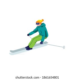 Niño montando en esquís en la pista de nieve. Carácter esquiador en gafas y traje de esquí en las montañas. Deportes de invierno en vacaciones dibujos animados ilustraciones vectoriales aisladas en fondo blanco