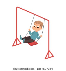 Boy Riding on Swing, Kid Having Fun on Playground Cartoon Style Vector Illustration