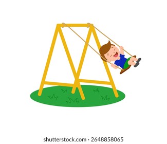 Boy riding on a swing. Vector color illustration.