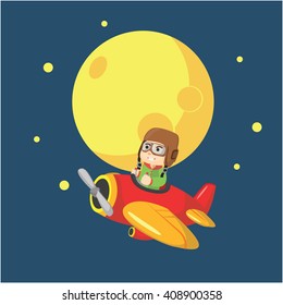 Boy riding plane at night
