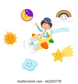 Boy riding plane on the sky and symbol set,isolated illustration