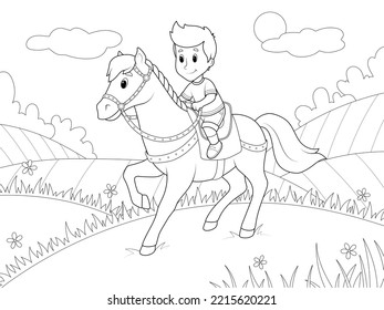 Boy riding a pony. Background nature field and meadow. Coloring book, vector.