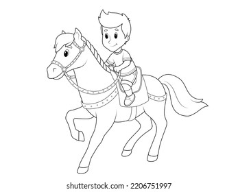 Niño montando un pony. Libro de colorear, vector.