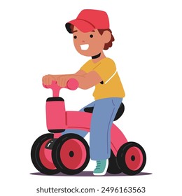 Boy Riding A Push Bike. Kid Character With Red Cap Looks Happy And Confident As He Rides, Showcasing The Fun And Adventurous Spirit Of Kids Learning To Ride Bicycle. Cartoon People Vector Illustration