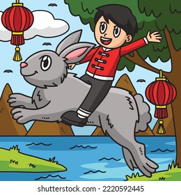 Boy Riding Kaninchen farbige Cartoon Illustration