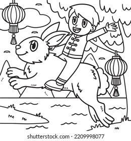 Boy Riding Rabbit Year Of The Rabbit Coloring 