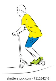 The boy is riding a ramp on a scooter. Color vector illustration on sport, health, recreation.