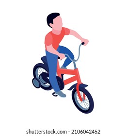 Niño montando bicicleta roja con cuatro ruedas ilustración vectorial isométrica