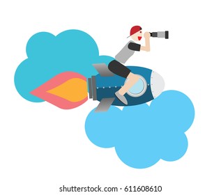 boy riding rocket among the claud