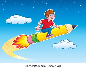 Boy Riding Rocket Pencil