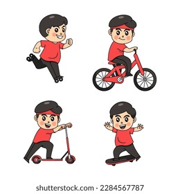 Boy Reiten Rollschuhe, Fahrrad, Roller und Skateboard. Eine Reihe von Vektorgrafiken mit Zeichen.