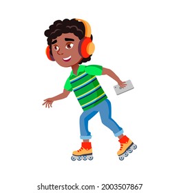 Boy Riding Roller Skates And Listen Music Vector. African Boy Ride Roller Skates And Listening Musician Composition In Headphones. Character Sport Active Time With Smartphone Flat Cartoon Illustration