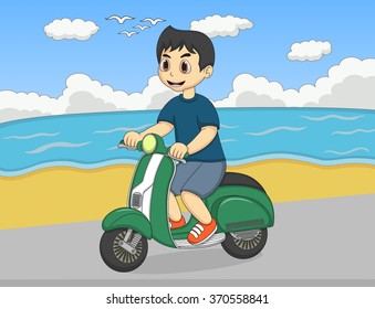 The boy riding a scooter at the beach street cartoon vector illustration