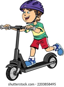 Boy riding a scooter.
Color vector illustration of a cartoon kid in a bike helmet rides a kick scooter.