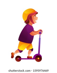 Boy Riding Scooter Flat Illustration. Little Cheerful Kid Cartoon Character. Child On Urban Transport Isolated Design Element On White Background