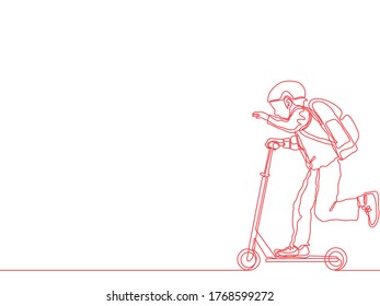 boy riding a scooter in one line vector illustration