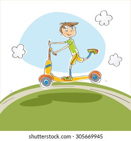 Boy riding a scooter, playing in park. Vector doodle style sketch illustration. 