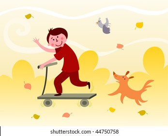 Boy riding a scooter - vector