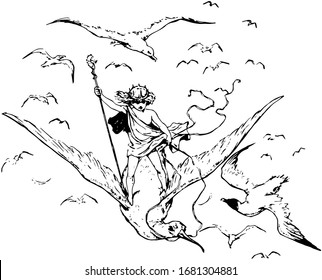 A boy riding a seagull bird with a staff in hand and flying birds, vintage line drawing or engraving illustration