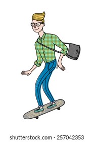 Boy riding a skateboard.