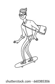 Boy riding a skateboard. Drawing lines.