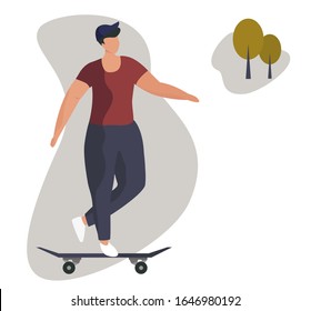 Boy riding skateboard. Guy Character on Longboard in the park. Freedom Lifestyle. Flat Vector Illustration