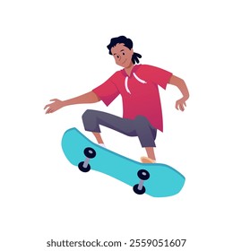 Boy riding a skateboard or longboard. Teenager doing a trick jumping on a skateboard. Cartoon extreme sport, summer street activity, dynamic lifestyle, have fun. Vector flat illustration isolated