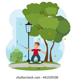 boy riding a skateboard and makes selfie phone. vector