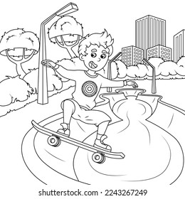 The boy is riding a skateboard in the park. Coloring book for children. Vector illustration