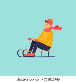 Boy is riding a sled. Flat design vector illustration.