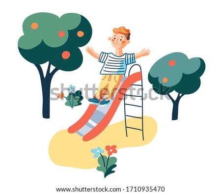 Boy riding slide flat illustration. Little cheerful kid alone at playground outdoors cartoon character. Happy child, toddler playing outside isolated design element on white background